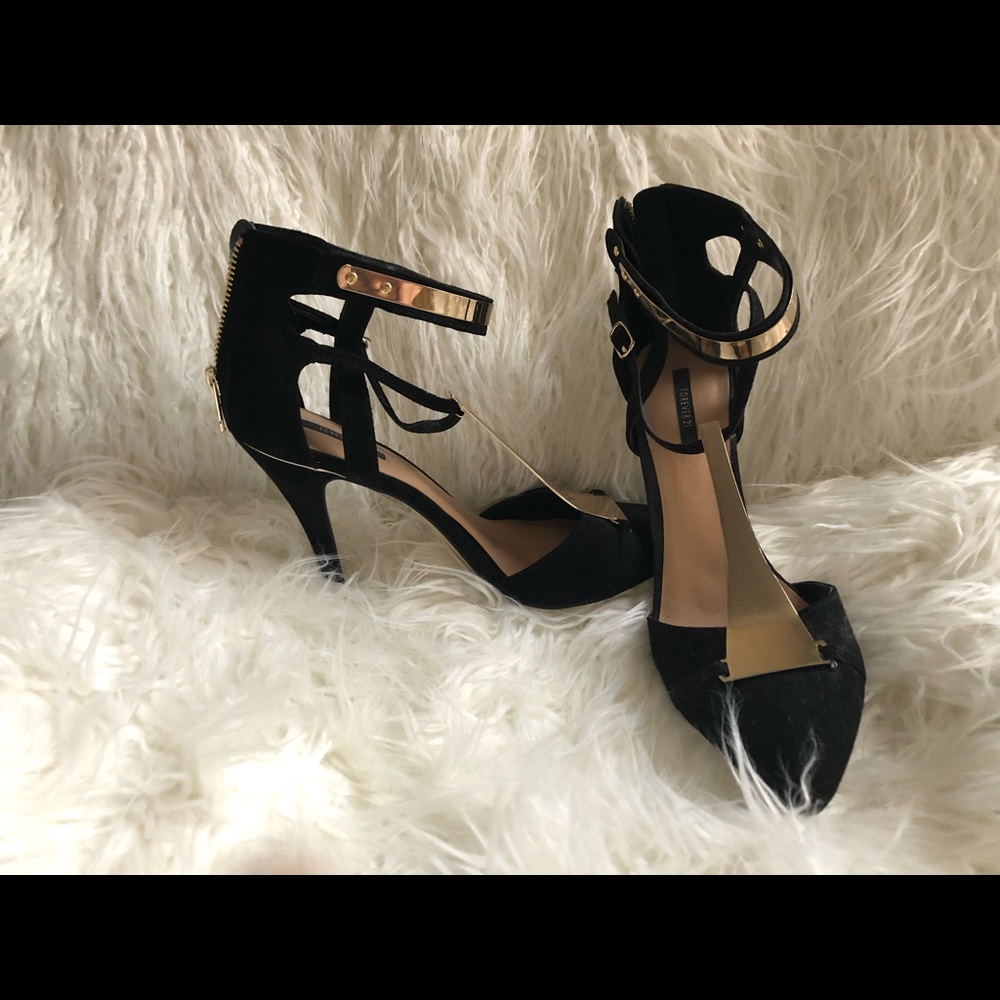 Black Faux Suede Ankle Strap Heels